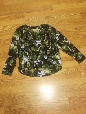 Floral Print Long-Sleeve Blouse - Black/Green/Blue